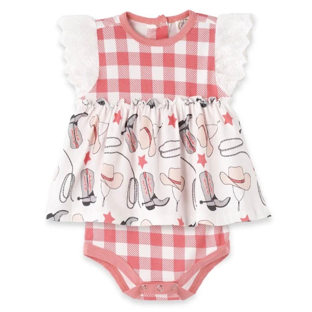 Tesa Babe Gingham Cowgirl Romper 9-12M, Western Boots Hats Rodeo Outfit